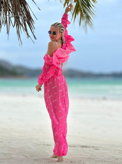 Floral Print Chiffon Long Pants Set Women's Casual Outfit