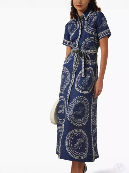 Elegant Blue Linen A-Line Dress with Animal Print