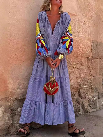 V Neck Striped Print Long Sleeve Dress Trendy Casual Polyester