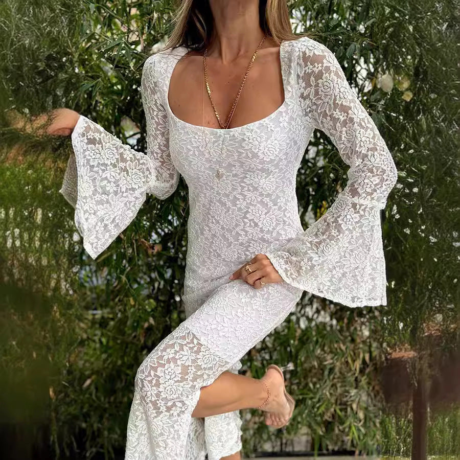 Elegant Lace Split Maxi Dress with Flared Sleeves