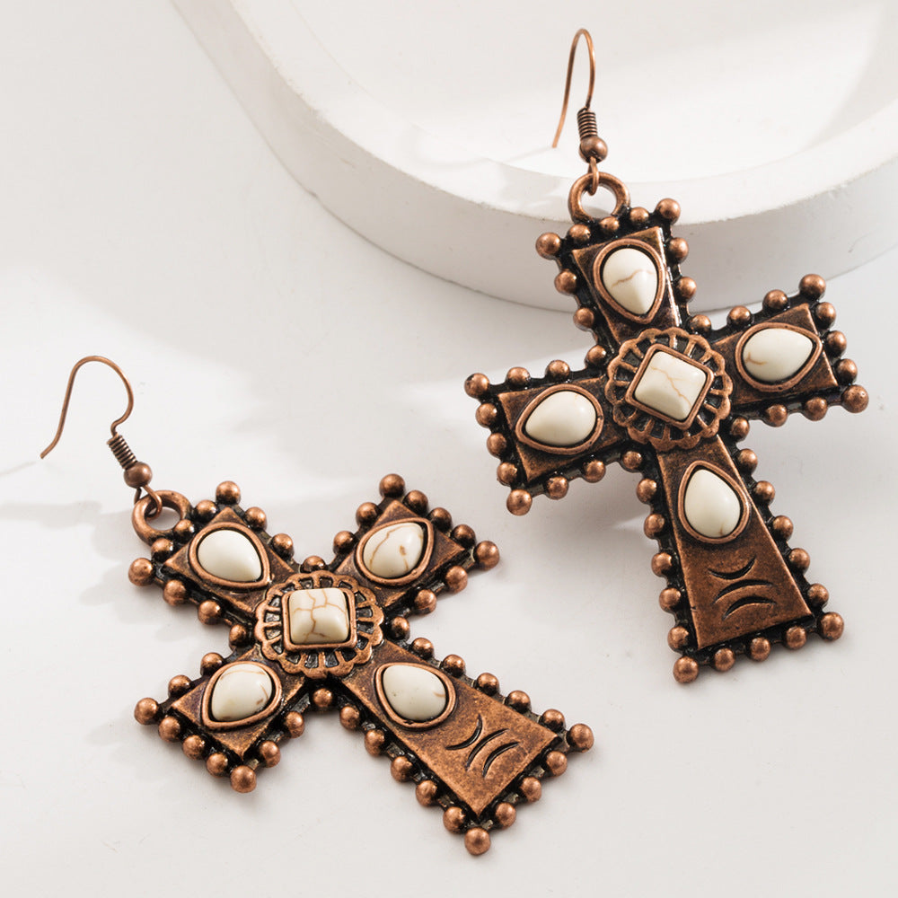 Retro Western Style Turquoise Cross Drop Earrings
