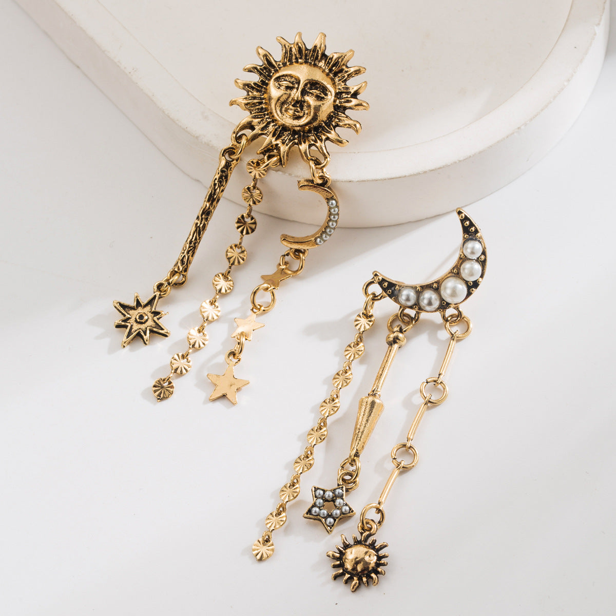 Vintage French Style Geometric Sunflower Moon Long Earrings