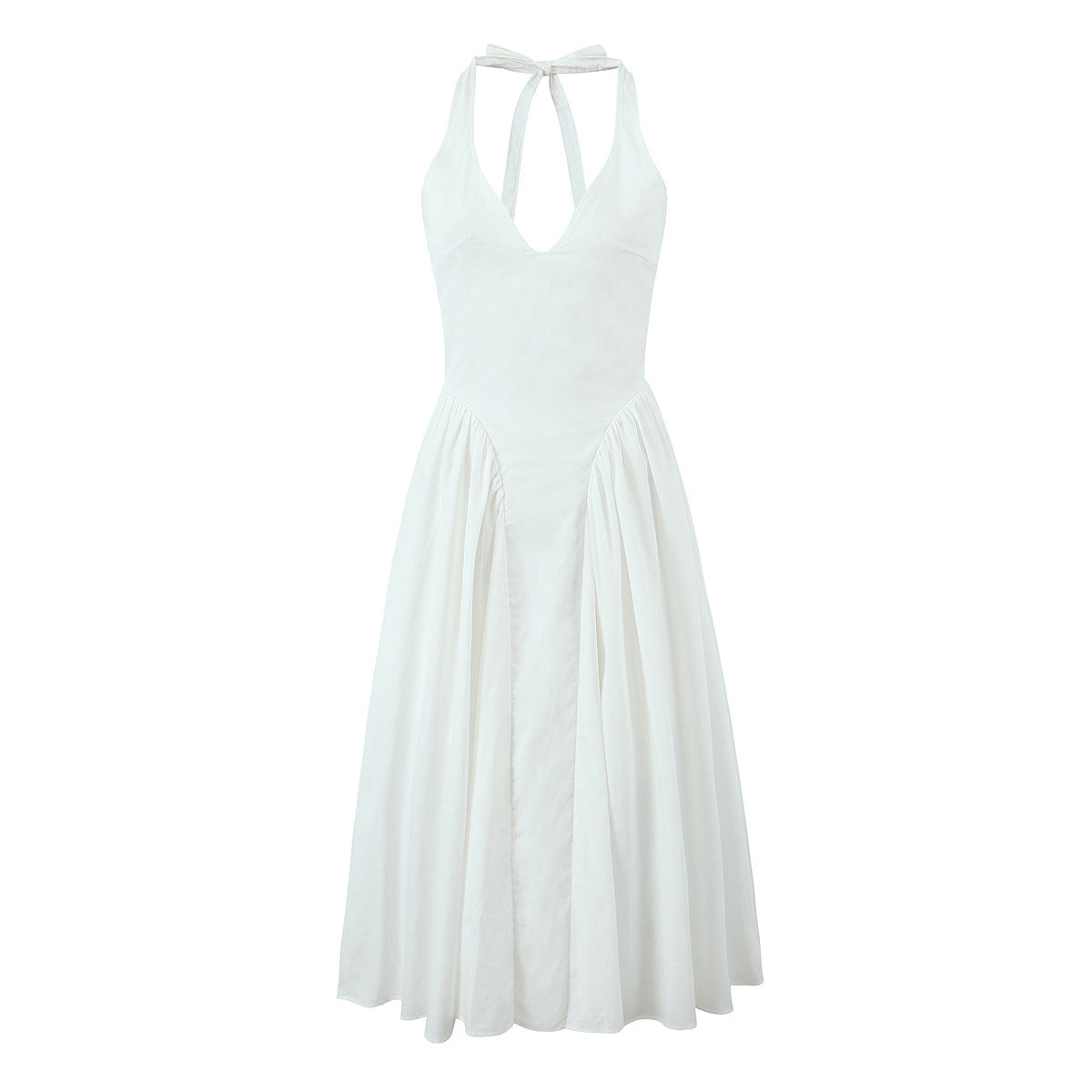 Solid Color Halter V-Neck Ruffle Maxi Dress