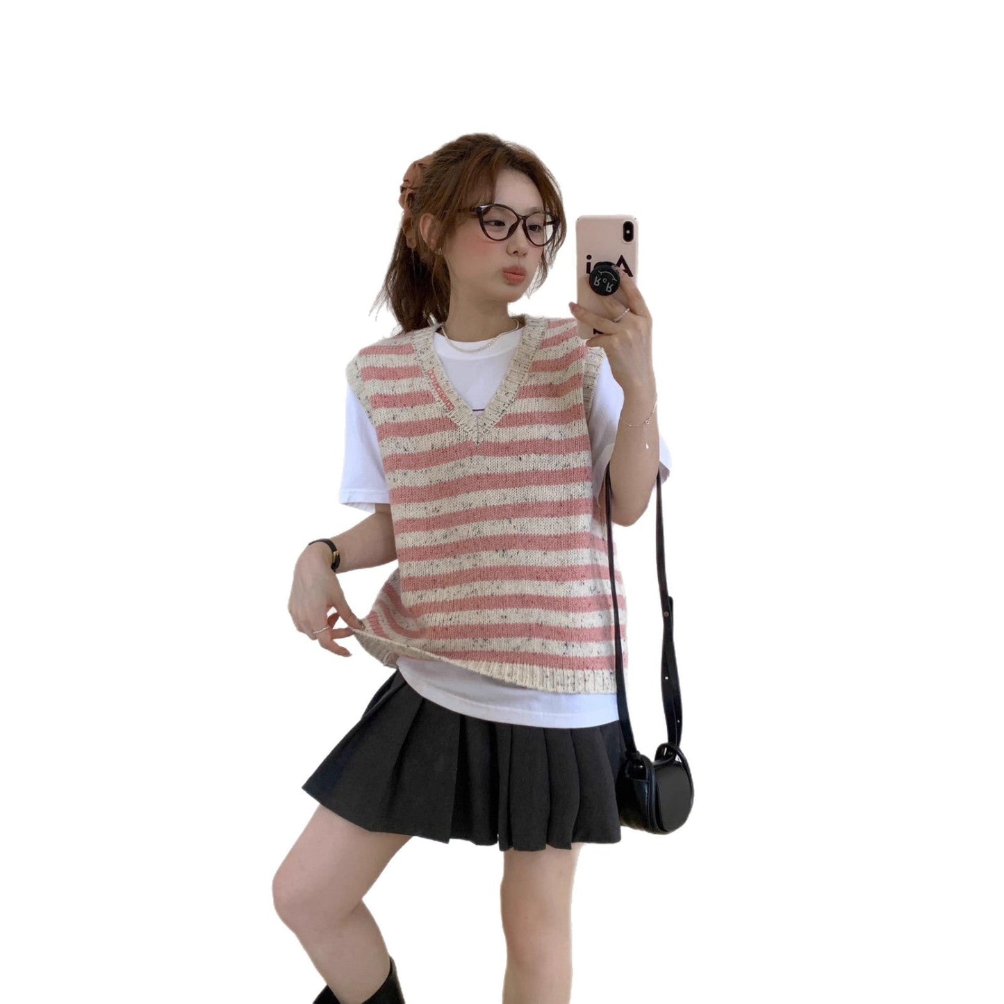 Sweet Embroidered Wool V-Neck Striped Vest