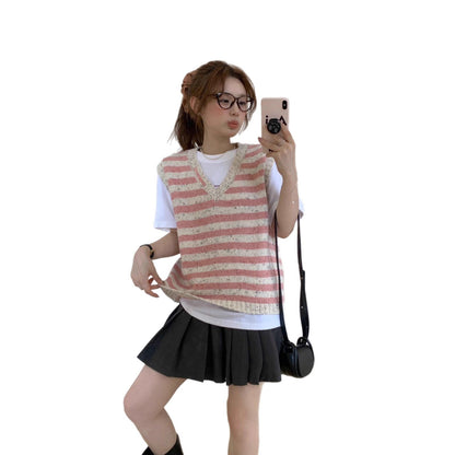 Sweet Embroidered Wool V-Neck Striped Vest