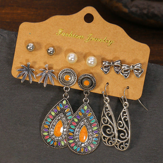 Geometric Alloy Tassel Earrings Set Vintage Style for Women