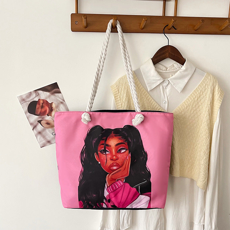Classic Outdoor Canvas Tote Bag with Cartoon Print
