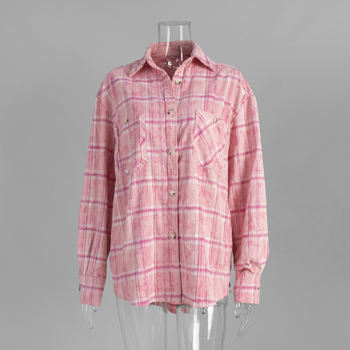 Retro Checkered Pink Shirt Loose-Fit Casual Top