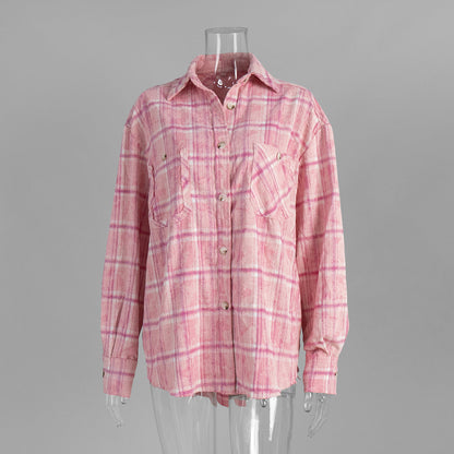 Retro Checkered Pink Shirt Loose-Fit Casual Top