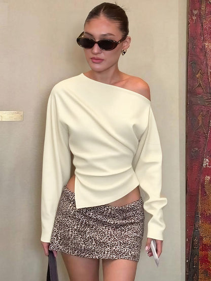 Chic Asymmetrical Long Sleeve T-Shirt with Split Hem