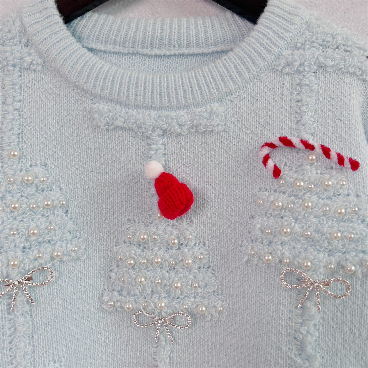 Solid Color Crew Neck Pearl Christmas Sweater