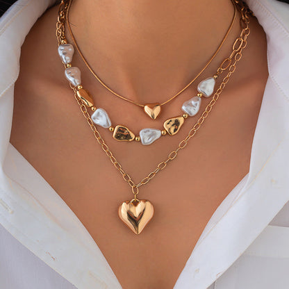 Trendy Heart Pendant Layered Necklace With Metal And Pearl Design