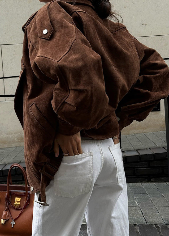 Suede Leather Moto Bomber Jacket Brown