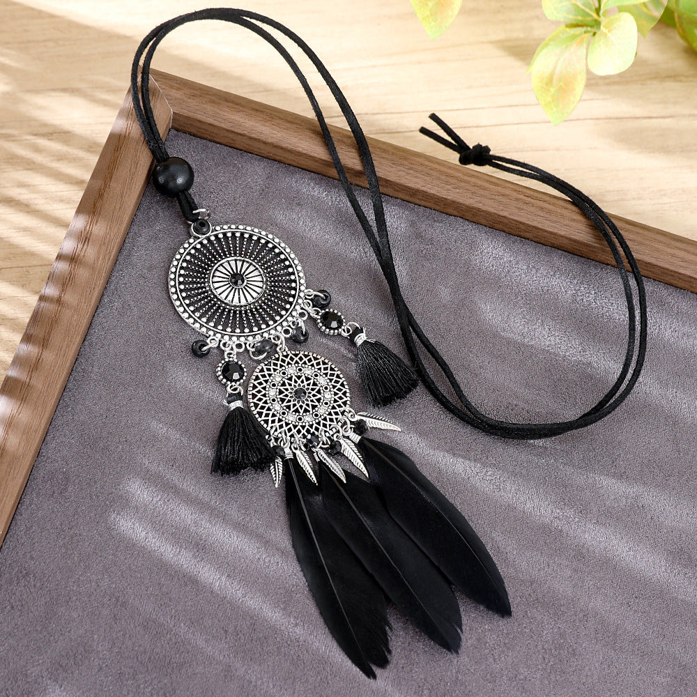 Indian Dreamcatcher Black Feather Tassel Necklace Fashion Jewelry
