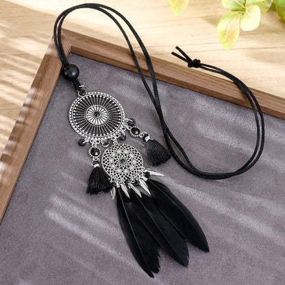 Indian Dreamcatcher Black Feather Tassel Necklace Fashion Jewelry