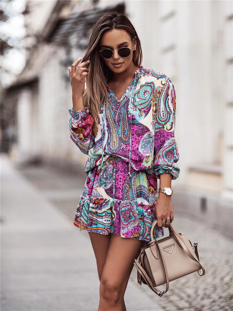 Vintage Mid-Rise Print Long Sleeve Short Skirt Temperament Commuter Womenswear