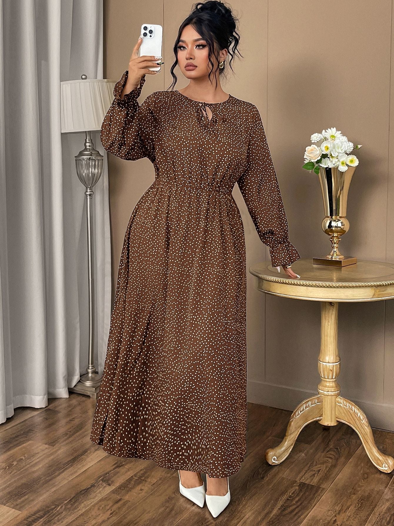 Plus Size Polka Dot Chiffon Dress With Flared Sleeves