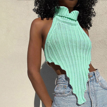 Sexy Backless Solid Color Turtleneck Irregular Knitted Vest