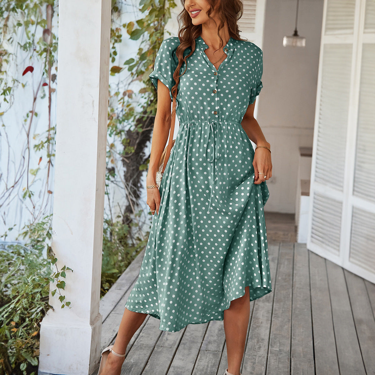 Polka Dot High-Waisted Tie Dress Casual Vacation Look