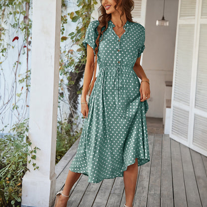 Polka Dot High-Waisted Tie Dress Casual Vacation Look