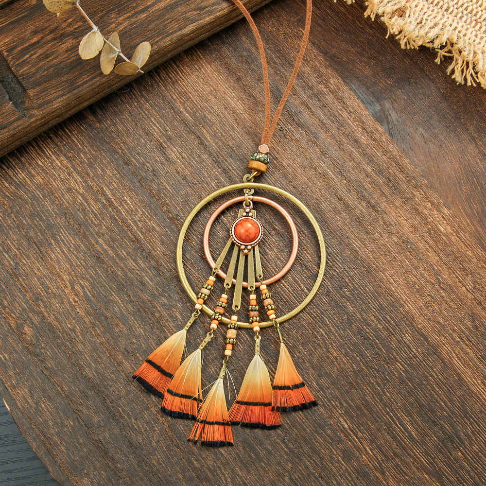 Ethnic Style Feather Pendant Necklace Handmade Zinc Alloy Jewelry