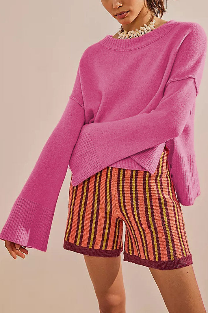 Solid Color Flared Sleeves Sweater