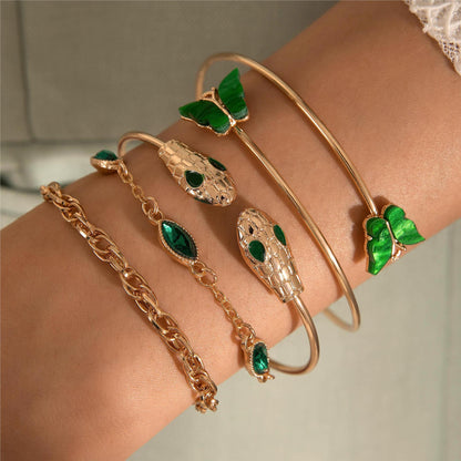 Heart-Shaped Emerald Gemstone Bracelet Set With Rhinestones