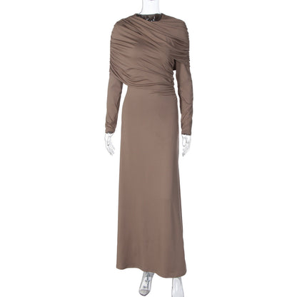 Elegant Solid Color Long Sleeve Dress with Ruched Design