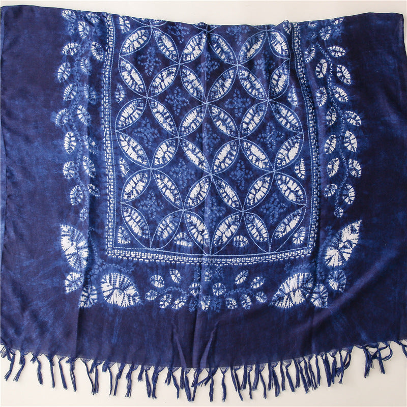 Dyed Blue And White Porcelain Series Cotton And Linen Scarf Travel Shawl Literary Accessories