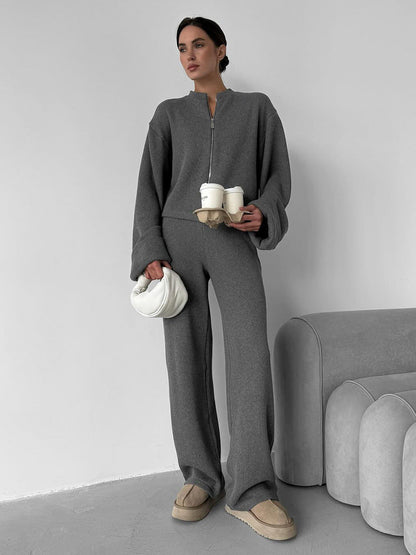Casual Knitted Long Sleeve Top And Wide Leg Pants Set