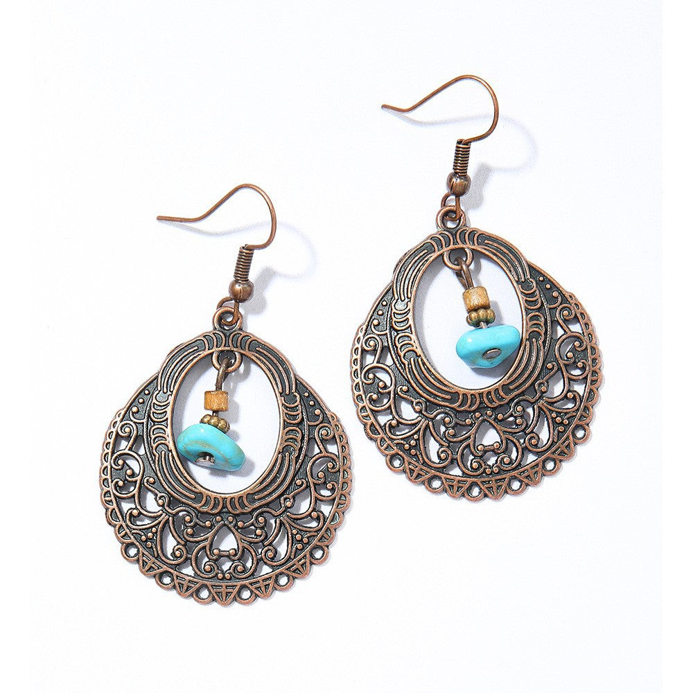 Bohemian Vintage Leaf Shaped Beaded Tassel Earrings with Turquoise