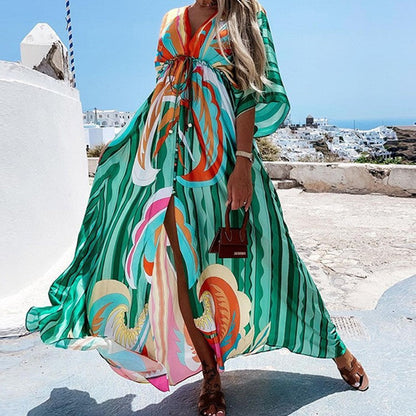 Elegant Floral Maxi Dress with Bow Tie Detail