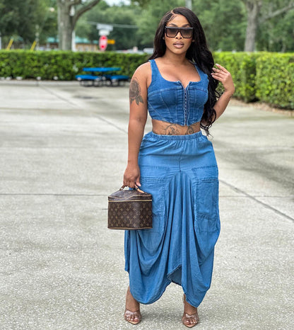 Trendy Casual Blue Midi Skirt With 3D Effect