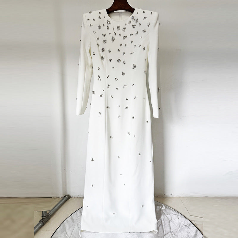 Elegant Long Sleeve A-Line Dress With Beading And Rhinestones