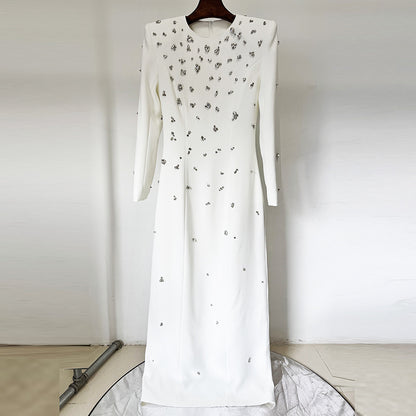 Elegant Long Sleeve A-Line Dress With Beading And Rhinestones