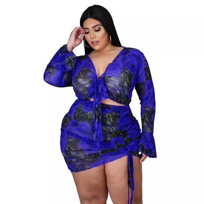 Floral Print Two-Piece Set With Drawstring Long Sleeve Polyester