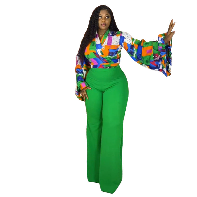 Floral Print Bell Sleeve Top And Wide-Leg Pants Set