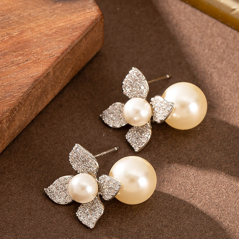 Elegant Pearl Floral Stud Earrings With Crystals