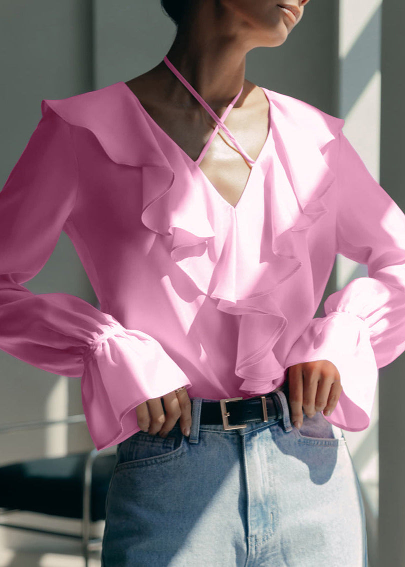 Ruffled Halter Blouse In Soft Pink Fabric
