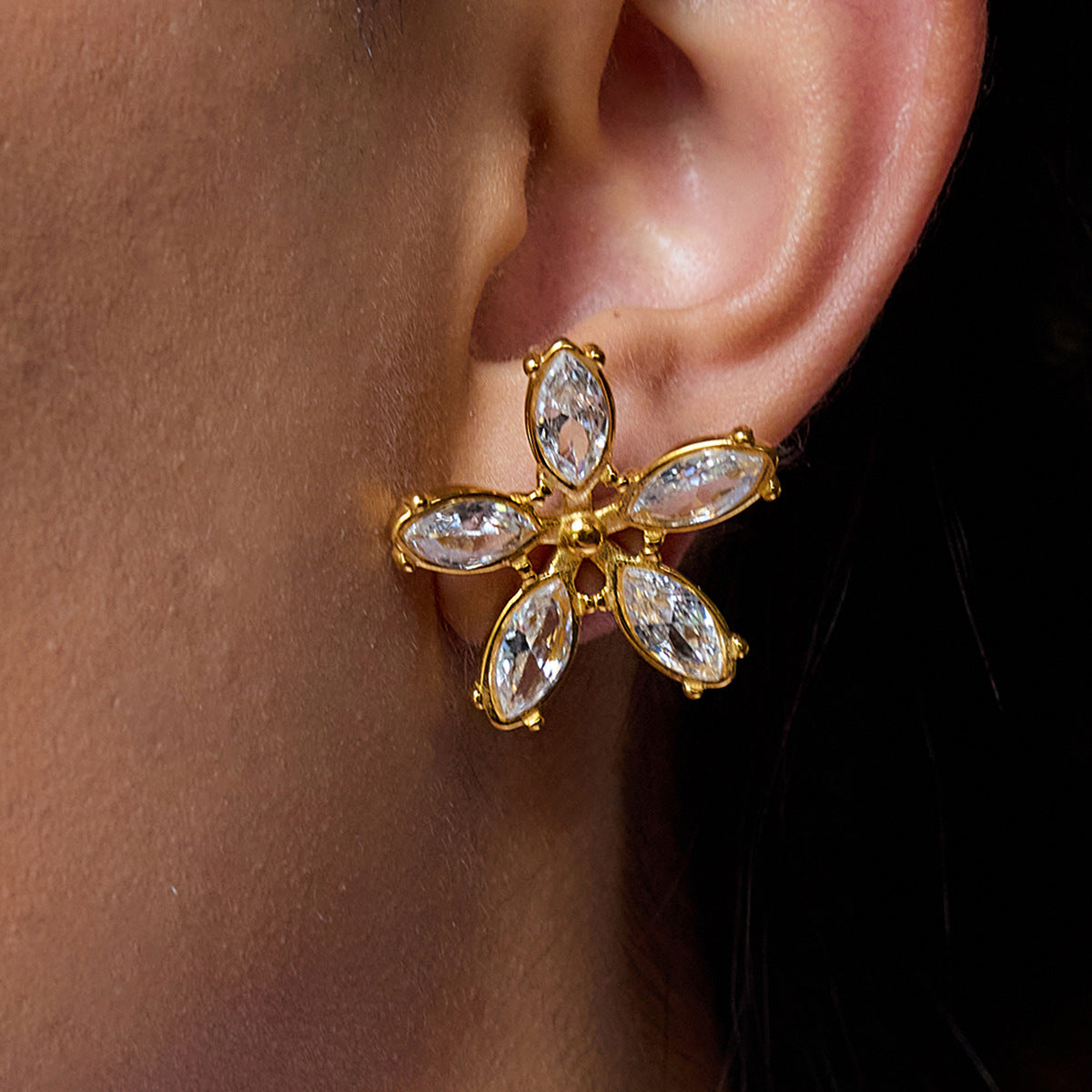 Gold Cubic Zirconia Flower Stud Earrings