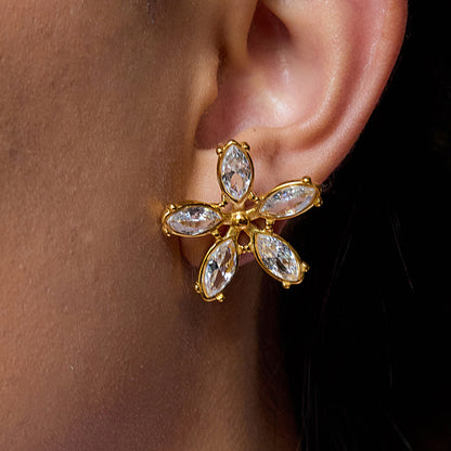 Gold Cubic Zirconia Flower Stud Earrings