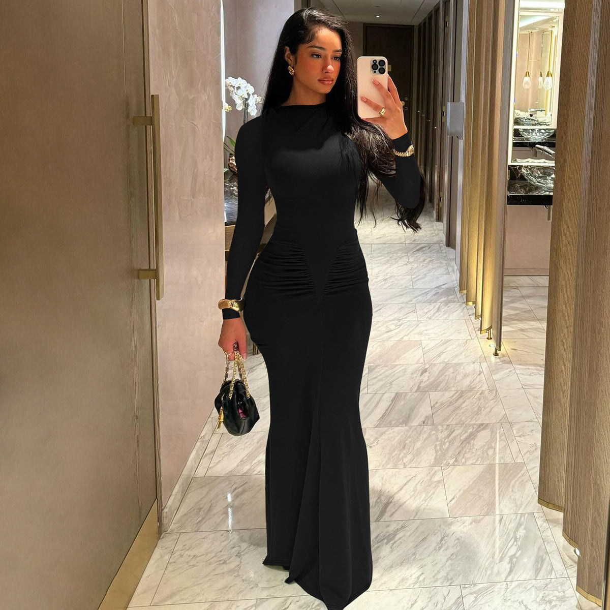 Chic Fit Ruched Round Neck Long Sleeve Dress