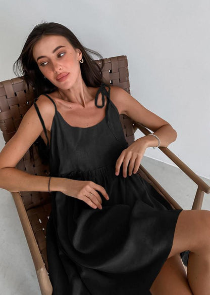 Adjustable Strap Linen Dress With Gathered Waist