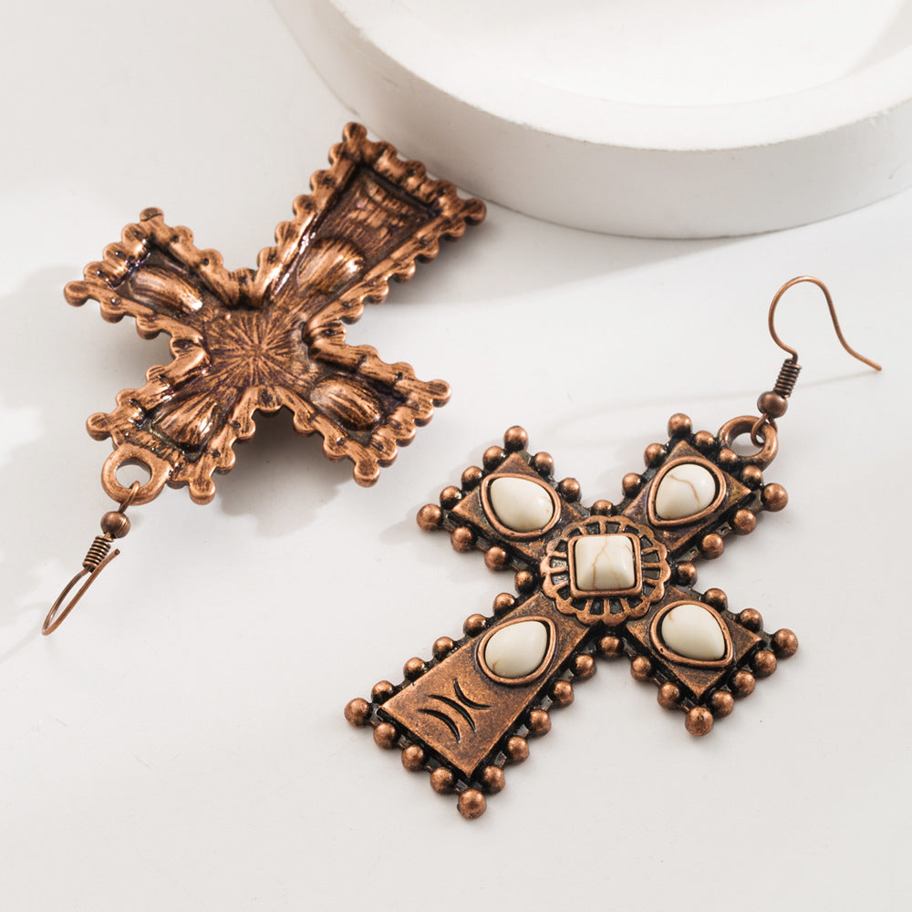 Retro Western Style Turquoise Cross Drop Earrings