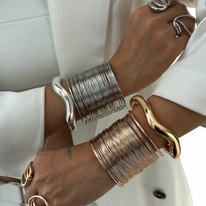 Trendy Irregular Metal Bracelet Set Stylish Open Cuff