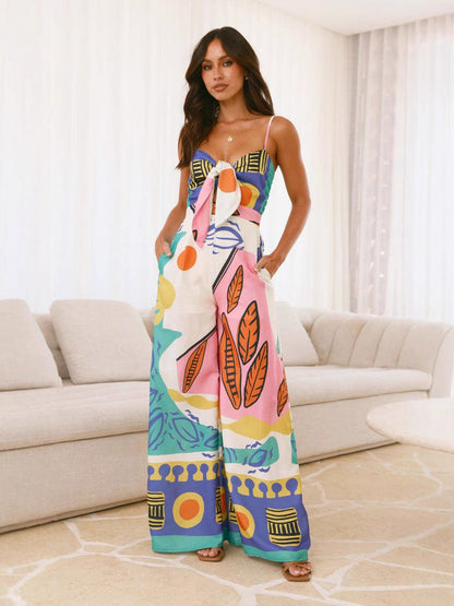 New Waist-Tie Wide Leg Jumpsuit in Blue Green Yellow