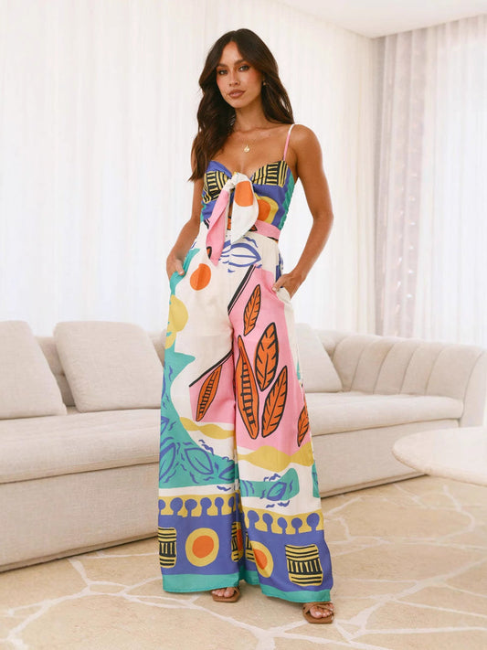 New Waist-Tie Wide Leg Jumpsuit in Blue Green Yellow
