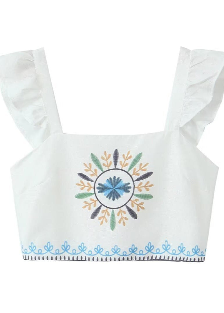 Embroidered Two Piece Set Polyester Ruffle Straps
