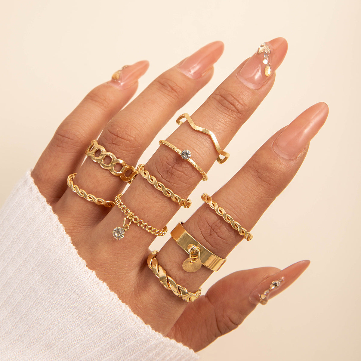 Trendy Leaf Heart Rings Geometric Pearl Joint Stacking Ring Set