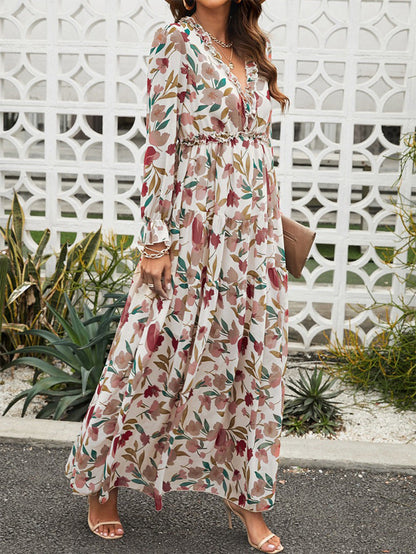 New Floral Print Long Sleeve Maxi Dress For Women